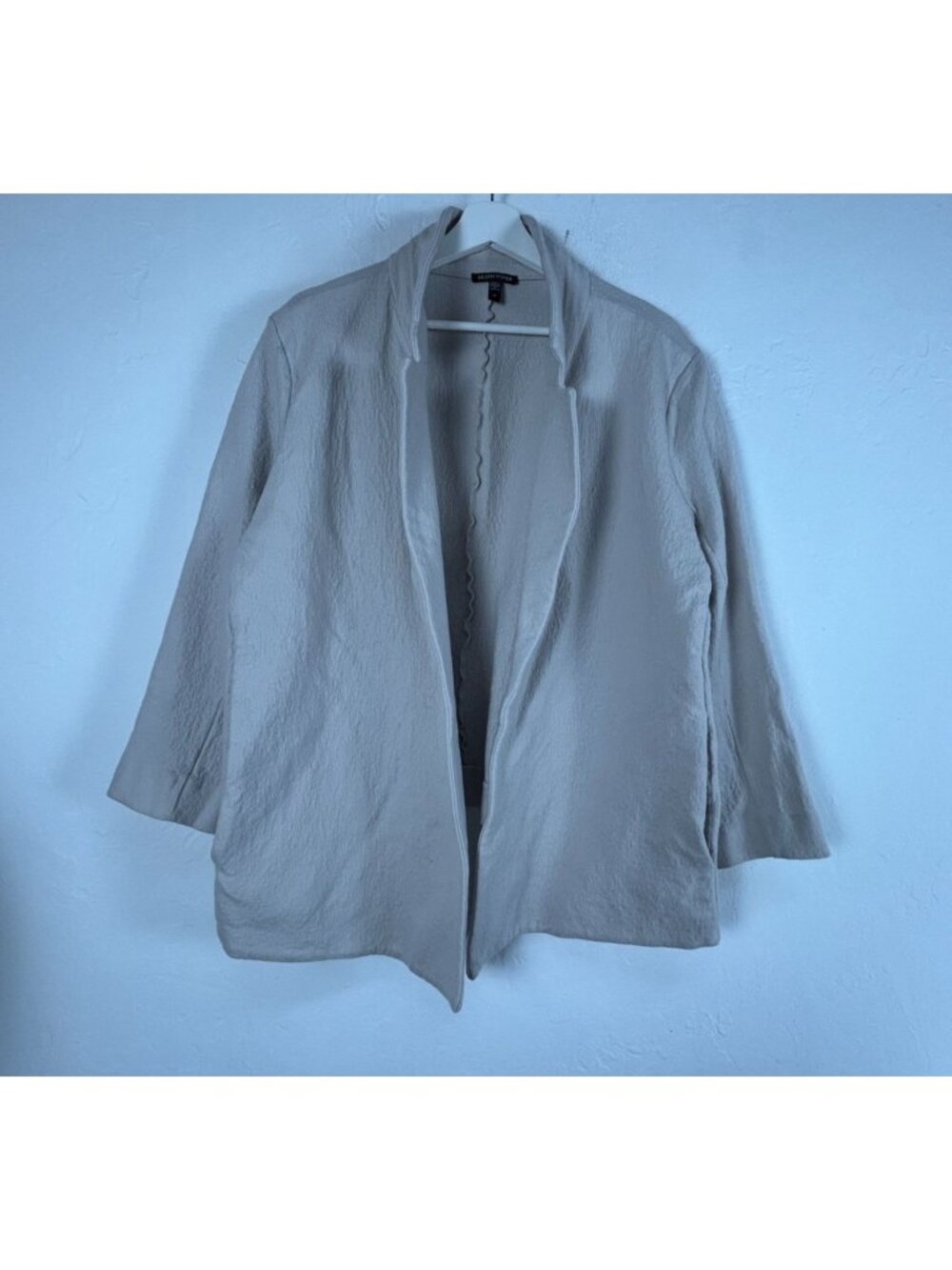 Eileen Fisher Womens Open Front 100% Wool Cardigan Jacket 2X Beige Stand Collar